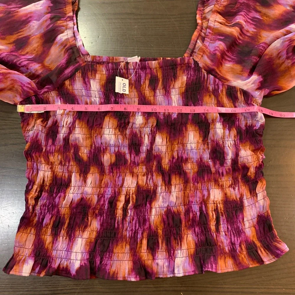 Old Navy Womens XL Purple Smocked Sheer Tie Dye Puff Sleeve‎ Square Neck Top